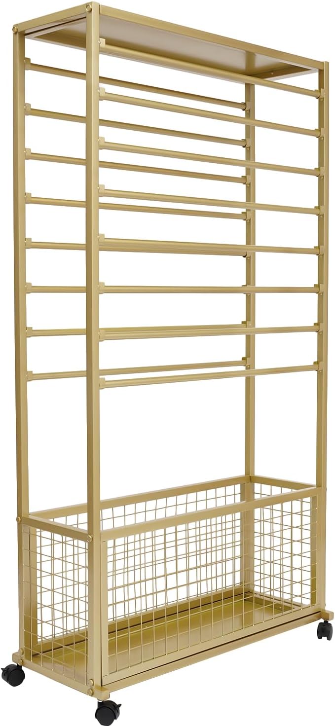 Commercial Ribbon Holder Organizer w/ 16 Rods & Locking Wheels - 59" Mobile Craft Storage for Florists, 4-Tier w/Mesh Basket (Gold, 31.5 * 12.6 * 59.06in)