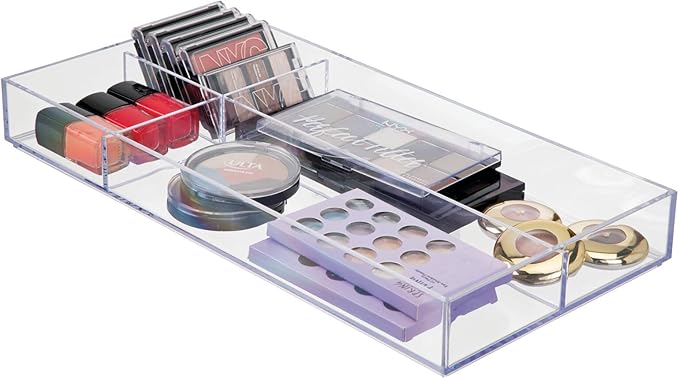 mDesign Plastic Divided Makeup Organizer Holder Tray for Bathroom Drawer, Vanity, Countertop Storage - Cosmetic Organization Holds Palettes, Brushes, Accessories - Lumiere Collection - Clear