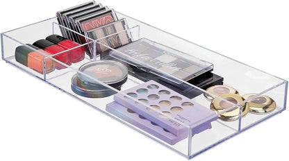 mDesign Plastic Divided Makeup Organizer Holder Tray for Bathroom Drawer, Vanity, Countertop Storage - Cosmetic Organization Holds Palettes, Brushes, Accessories - Lumiere Collection - Clear