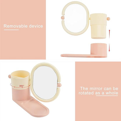 Desk Organizer with Magnifying HD Rotating Glass Mirror 360° Adjustable Dual-Purpose Makeup Brush Holder Pen Caddy, Pink & White ABS Storage for Office & Vanity Accessories+Free Lens Cloth