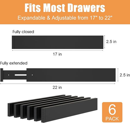 Bamboo Drawer Dividers,17-22" Adjustable Kitchen Drawer Organizer for Clothes,6 Pack Expandable Drawer Organization Separators for Bedroom,Bathroom,Dresser and Office,Black