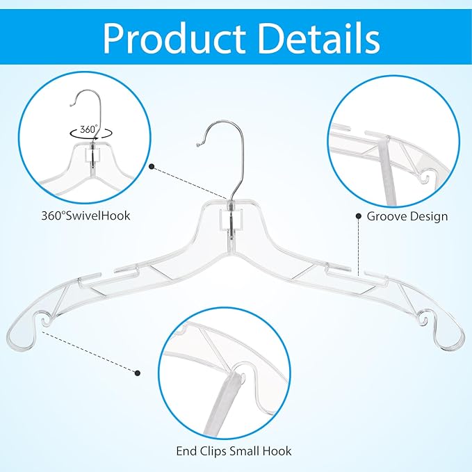 12 Pack Clear Plastic Hangers, 16.7 Inch Heavy Duty Hangers Clear Acrylic Hanger with 360 Swivel Metal Hook and Notches, Dress Hanger for Clothes Coat Shirts Dresses
