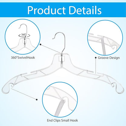 12 Pack Clear Plastic Hangers, 16.7 Inch Heavy Duty Hangers Clear Acrylic Hanger with 360 Swivel Metal Hook and Notches, Dress Hanger for Clothes Coat Shirts Dresses