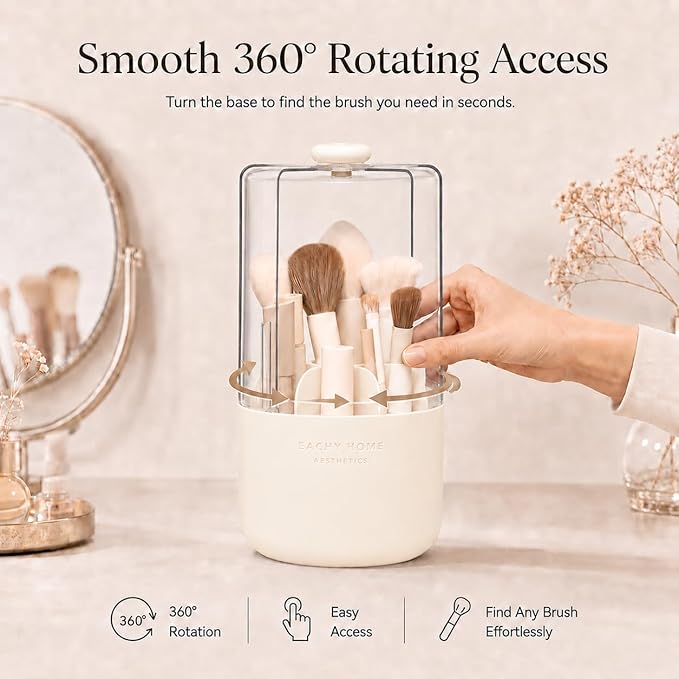 EACHY Makeup Brush Holder with Lid, 360° Rotating Vanity Organizer for Brushes, Dustproof Cosmetic Display Case, 7 Compartments, Waterproof Plastic (Beige)
