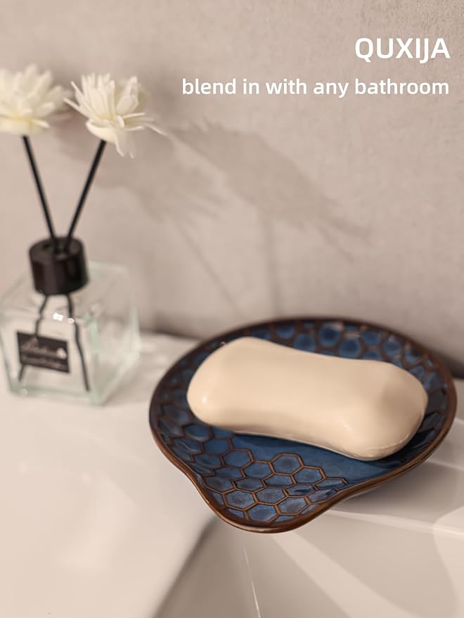 Ceramic Soap Dish, Set of 2 Bar Soap Holder, Shower Soap Dish Soap Saver Tray for Bathroom Kitchen Sink, Stylish and Easy to Clean (Vintage Blue)