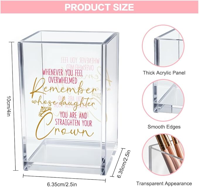Remember Whose Daughter You are Straighten Your Crown Acrylic Cosmetic Pencil Pen Holder Cup, Daughter Desk Organizer Accessories Gifts for Office Decor, Birthday Graduation Gifts for Daughters