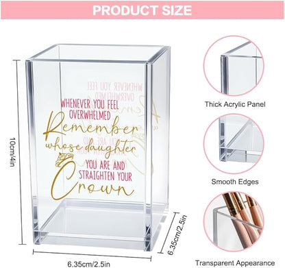 Remember Whose Daughter You are Straighten Your Crown Acrylic Cosmetic Pencil Pen Holder Cup, Daughter Desk Organizer Accessories Gifts for Office Decor, Birthday Graduation Gifts for Daughters