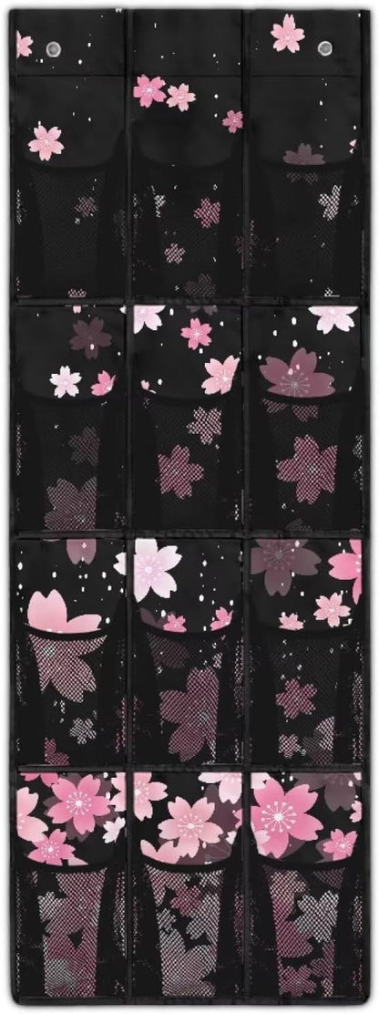 Extra Large Door Organizer with 12 Mesh Pockets, Storage Hanging Bag Behind the Door for Shoes Toys Cleaning Supplies, Cherry Blossom