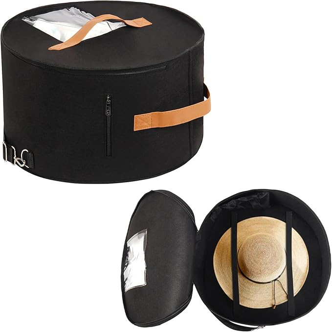 Pehciroe Modern Black Round Hat Box Storage, Portable Felt Travel Hat Boxes with Translucent Dustproof Lid and Shoulder Strap, 16.9" x 8.3" x 8.3"