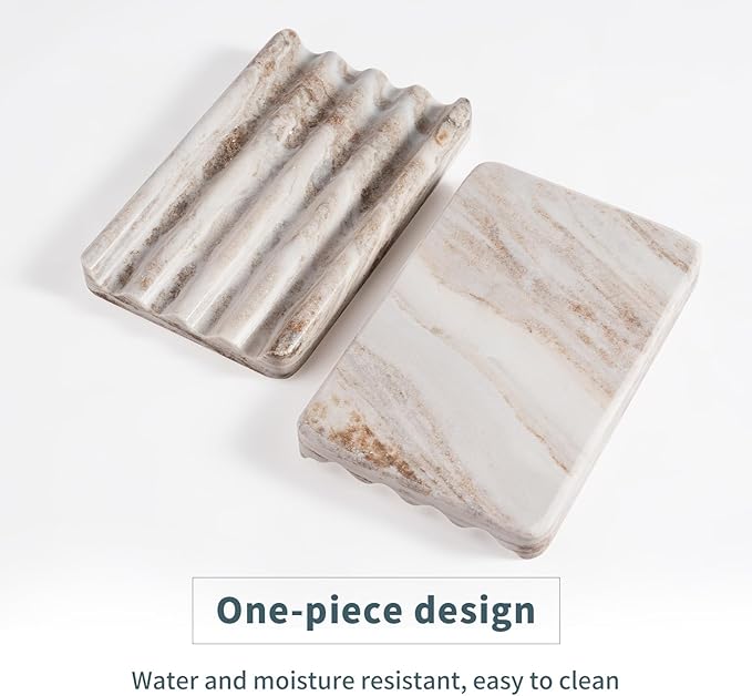 2 Pcs Soap Dish for Bathroom, Marble Bar Soap Holder for Kitchen Countertop, Soap Tray with Wavy Design, Soap Saver for Bath Tub, Sponges, Italian Natural Stone(Palissandro Classico)