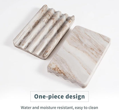 2 Pcs Soap Dish for Bathroom, Marble Bar Soap Holder for Kitchen Countertop, Soap Tray with Wavy Design, Soap Saver for Bath Tub, Sponges, Italian Natural Stone(Palissandro Classico)