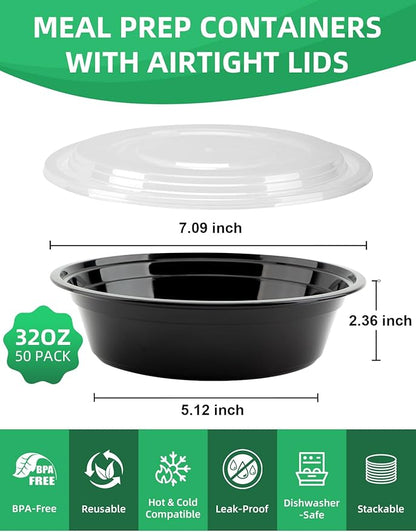 UMT Plastar 32 oz Round Meal Prep Bowls with Lids, 50 Pack BPA-Free To Go Food Containers, Microwave Freezer Dishwasher Safe, Round Food Storage Containers for Meal Prep Takeout
