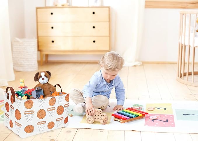 Rectangular Baketball Baskets,Kids Basket for Boy.Waterproof PE Coating Cute Basket with Handles.Boys Bin,Toys Box,Books Bins. (Basketball)