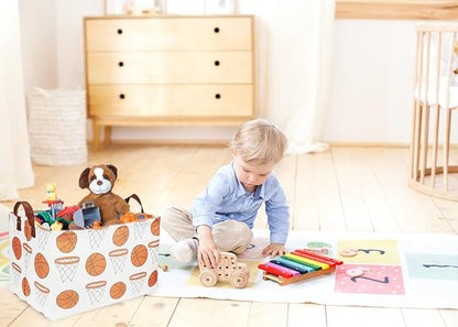 Rectangular Baketball Baskets,Kids Basket for Boy.Waterproof PE Coating Cute Basket with Handles.Boys Bin,Toys Box,Books Bins. (Basketball)