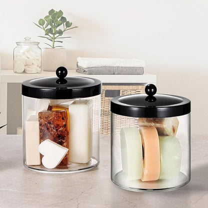 2 Pack 50 Oz Large Plastic Apothecary Jar with Black Stainless Steel Lid - Shatterproof Laundry Pods Container - Modern Industrial Bathroom & Kitchen Storage Organizer for Scent Beads, Bath Bombs