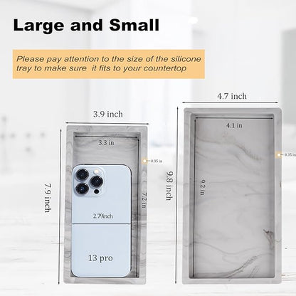 Bathroom Tray, Small Vanity Tray Silicone Soap Dish Sponge Holder Kitchen Sink Organizer Bathroom Accessories for Countertop, Toilet, Shower, 2 Pack, Marble Grey