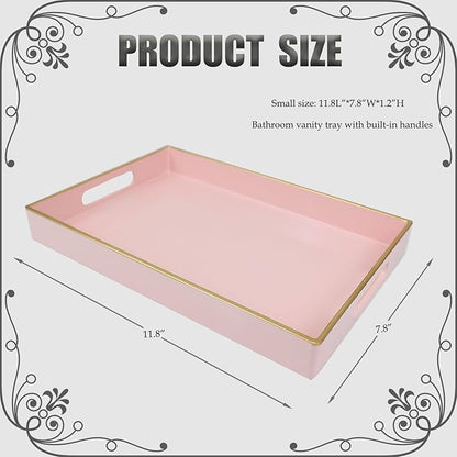 Spsyrine Pink Bathroom Vanity Tray with Handles for Dresser Tops, Countertop, Perfume Decorative Tray, 11.8” * 7.87” *1.37”