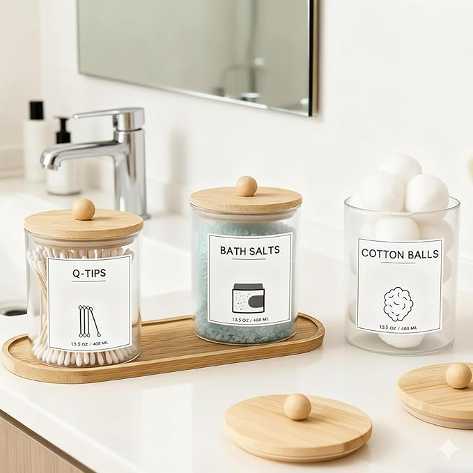 3Pack Glass Qtip Holder with Bamboo Tray, Cotton Ball Holder, 13.5 oz Apothecary Jars Bathroom Canisters with Lids, Bathroom Jars for Floss Picks, Cotton Swabs, Balls, Pads(Clear)