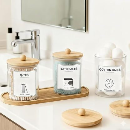 3Pack Glass Qtip Holder with Bamboo Tray, Cotton Ball Holder, 13.5 oz Apothecary Jars Bathroom Canisters with Lids, Bathroom Jars for Floss Picks, Cotton Swabs, Balls, Pads(Clear)