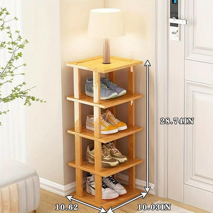 SAN HE Bamboo Shoe Rack 5Tier- Vertical Shoe Rack for Small Spaces, Tall Narrow Shoe Rack Organizer for Closet Entryway Corner Garage and Bedroom,Skinny Shoe Shelf with Free Stackable DIY
