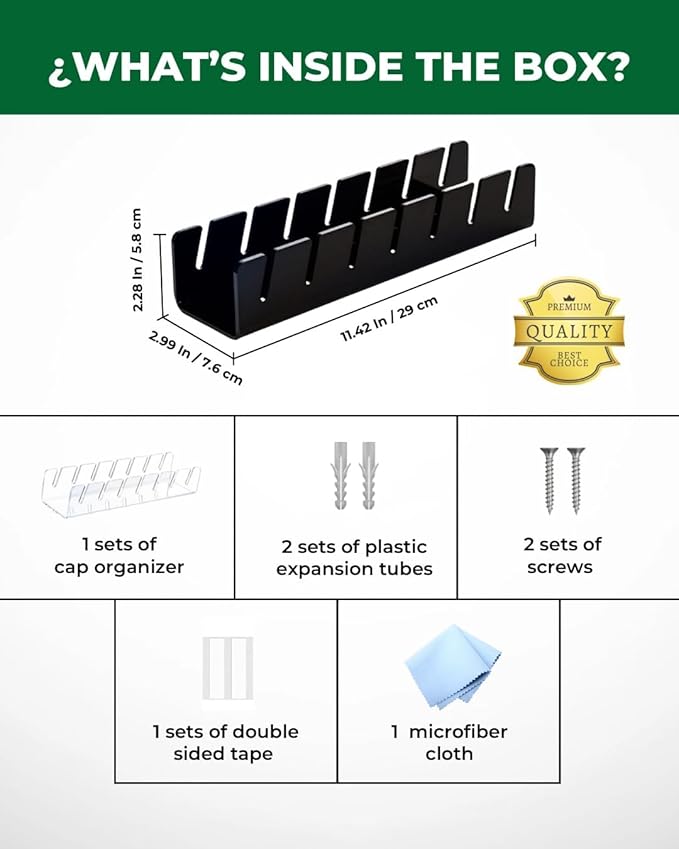 Acrylic Cap Organizer for Baseball Caps – Wall Mounted Hat Rack Holder for 7 Hats, Hat Stand Display, Closet & Wall Storage with Screws or Adhesive – Black