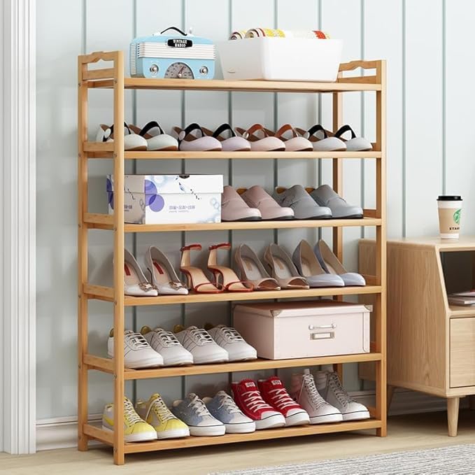 6 Tiers Shoe Rack Natural Bamboo Shoes Shelf Storage for Hallway Entryway Closet Wooden Stackable Shoe Organizer (Style A)