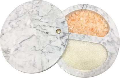 Marble Salt Box, Salt Cellar with Swivel Top and Dual Compartment, Elegant Marble Salt Box Storage Keeper for Condiments, Seasoning, Pepper.