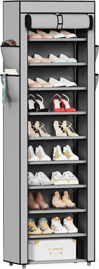 Mavivegue Shoe Rack with Cover, 10 Tier Tall Shoe Organizer for 18-22 Pairs of Shoes, Shoe Storage Organizer for Entryway, Closet, Garage, Grey, S