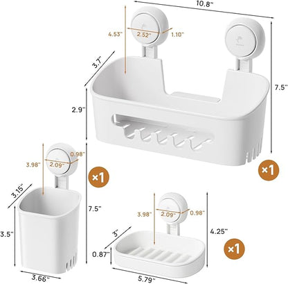 LEVERLOC Shower Caddy Suction Cup Set Shower Organizer & Soap Holder & Toothbrush Holder, Bathroom Shelf Basket NO-Drilling, Removable Suction Storage Waterproof Bathroom Caddy, White
