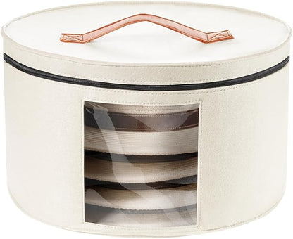HEAVYWOOD Hat Box for Women Storage Travel Felt Hat Case for Wide-Brim Cowboy Hat Storage Foldable Organizer for Closet Large Round Hat Carrier with Portable Handle (White)