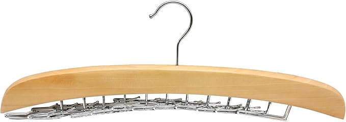 Richards Wooden Tie Rack Hanging Organizer for Mens Closet Accessories, Space Saving Necktie Holder for Storage and Display, Holds 24 Ties, Hook, Natural Wood with Chrome Accents