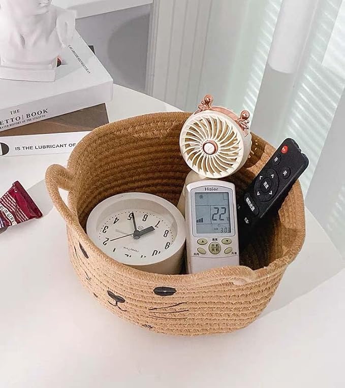 Cotton Rope Basket Yarn Basket With Ears Cute Baby Shower Gifts Cartoon Pet Toys Organizer Bins Small Basket For Makeup/Keys 8.3 x 4.7 inches,Brown