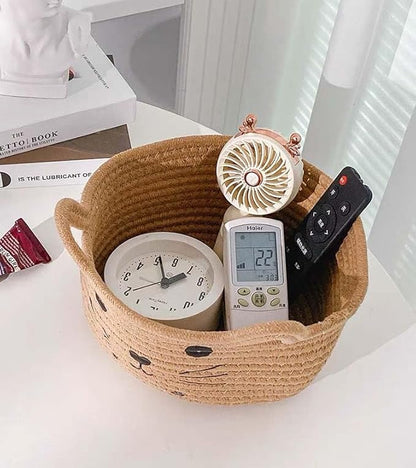 Cotton Rope Basket Yarn Basket With Ears Cute Baby Shower Gifts Cartoon Pet Toys Organizer Bins Small Basket For Makeup/Keys 8.3 x 4.7 inches,Brown