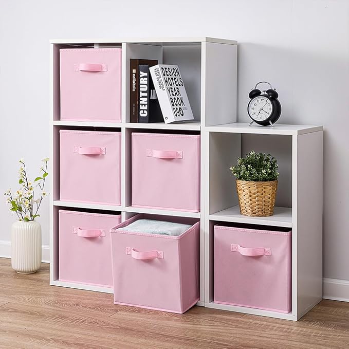 Stero Fabric Storage Bins 6 Pack Fun Colored Durable Storage Cubes with Fabric Handles Foldable Cube Baskets for Home, Kids Room, Closet and Toys Organization Pink