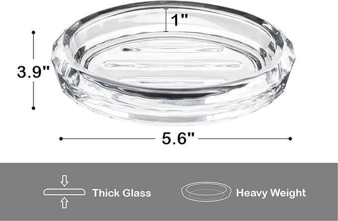 Glass Soap Dish for Bathroom Countertop, Shower, Kitchen Sink, Oval Heavy Bar Soap Holder with Raised Ridges, Transparent, 1 Pack