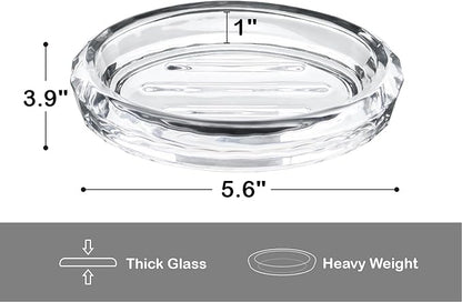 Glass Soap Dish for Bathroom Countertop, Shower, Kitchen Sink, Oval Heavy Bar Soap Holder with Raised Ridges, Transparent, 1 Pack