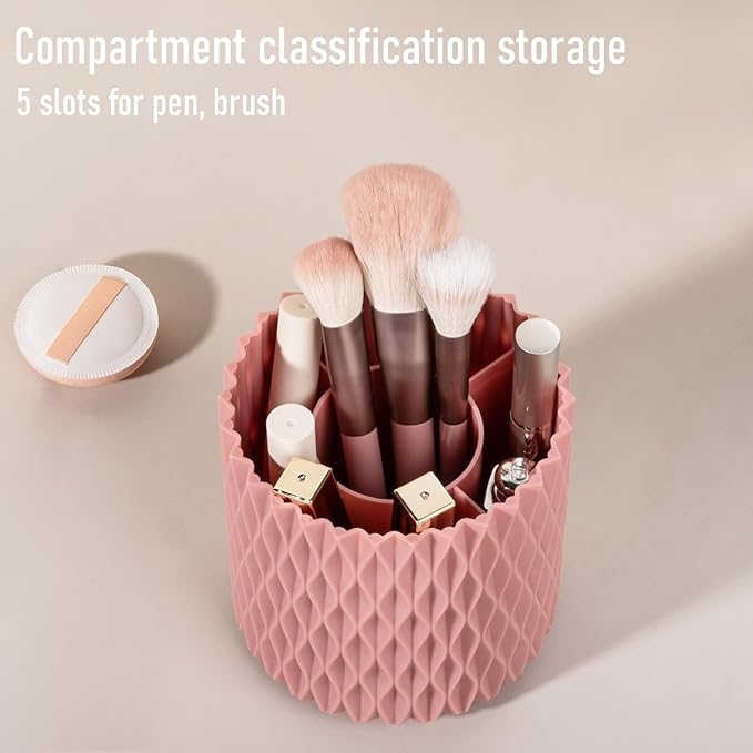 Anyoifax Makeup Brush Holder Organizer 361°Rotating Make Up Brushes Container for Vanity, Spinning Cosmetics Storage Cup, Ripple Pink