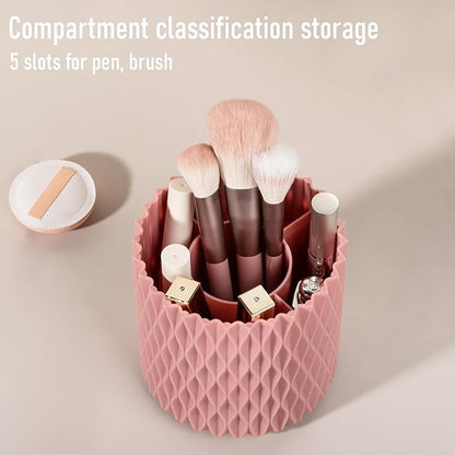 Anyoifax Makeup Brush Holder Organizer 361°Rotating Make Up Brushes Container for Vanity, Spinning Cosmetics Storage Cup, Ripple Pink