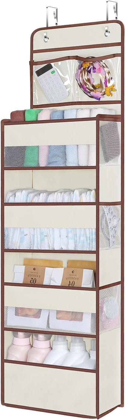 Univivi Over Door Hanging Organizers and Storage Nursery Closet Cabinet Baby Storage with 4 Large Compartments 2 Small PVC Pockets with 6 Side Pockets for Cosmetics, Toys and Sundries (Beige)