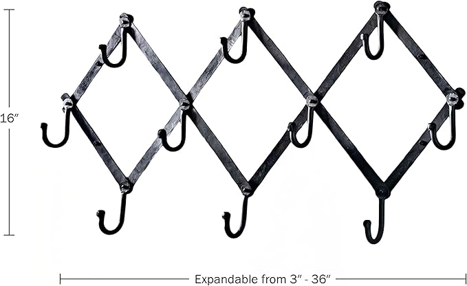 Kings County Tools Accordion Wall Hanger - Forged Iron Hat Rack with 10 Hooks for Hats, Coats, and Bags - Expandable Coat Rack - Wall Organizer for Bedroom, Entryway, or Mudroom (Black)