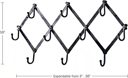 Kings County Tools Accordion Wall Hanger - Forged Iron Hat Rack with 10 Hooks for Hats, Coats, and Bags - Expandable Coat Rack - Wall Organizer for Bedroom, Entryway, or Mudroom (Black)