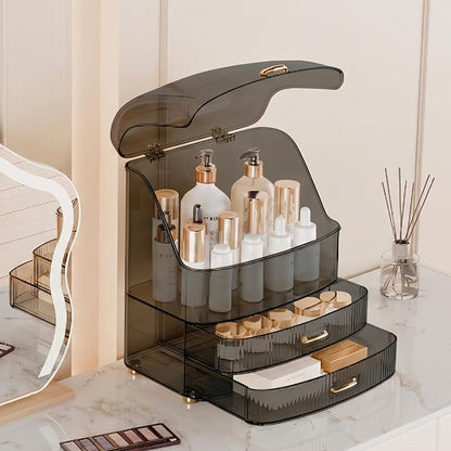 Makeup Organizer Countertop Vanity with Transparent Lid Drawers Waterproof Dustproof Cosmetic Skincare Bathroom Storage Gift for Women Teens Girls (Clear Black)