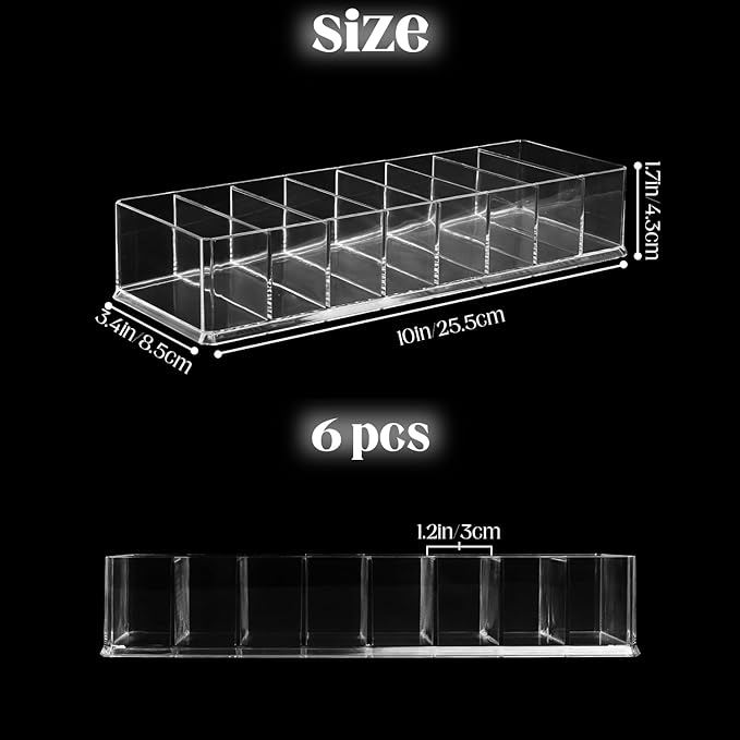 Nsmykhg Acrylic Makeup Organizer,6 Pack 8 Spaces Clear Vanity Drawer for Eyeshadow Palette, Lipstick & Highlighter Storage, Skincare Display, Bathroom Cosmetic Organize,10"x3.5"x1.8"