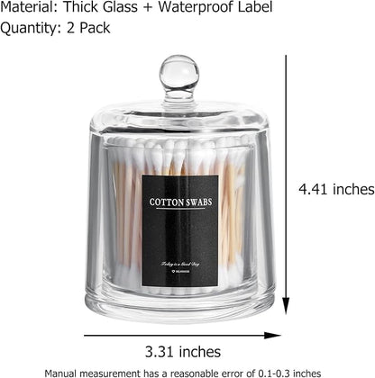 Qtip Holder Thick Glass Apothecary Jars with Lid for Bathroom Accessories Vanity Organizers and Makeup Storage for Cotton Ball, Swabs, Candy, Jewelry, Bathroom Decor, 2 Pack Clear