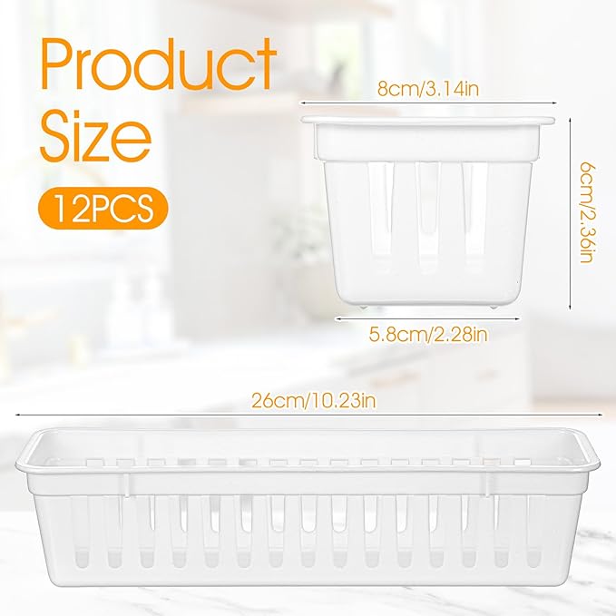 12 Pack Slim Plastic Storage Baskets Tray for Organizing 10.23 X 2.36 X2.28 Inch Stackable Small Narrow Storage Bins White Pencil Organizer Basket for Classroom Office Desk Garage Cabinet Containers
