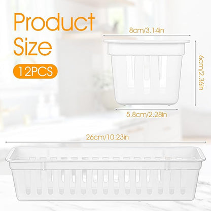 12 Pack Slim Plastic Storage Baskets Tray for Organizing 10.23 X 2.36 X2.28 Inch Stackable Small Narrow Storage Bins White Pencil Organizer Basket for Classroom Office Desk Garage Cabinet Containers