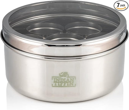 Indian-Tiffin Masala Dabba – Airtight Spice Container – Food Grade Stainless Steel – with Spice Labels & Spoon (Large (20cm), Clear Lid, No Lids on Inner Pots)