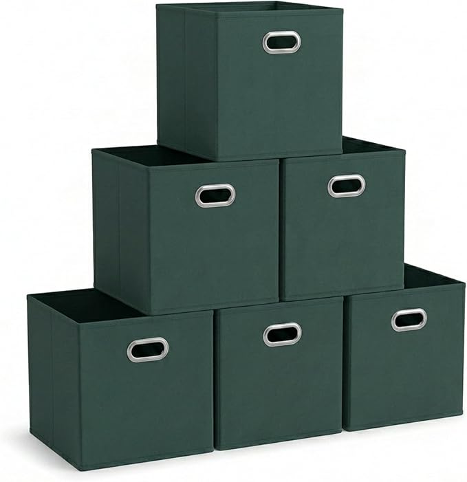 Household Essentials Foldable Fabric Storage Cubes 6-Pack – 11x11x11 Stackable Non-Woven Bins with Chipboard Sides & Grommet Handles – Closet, Shelf, Nursery, or Office Organizer – Dark Green