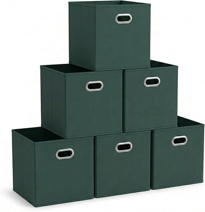 Household Essentials Foldable Fabric Storage Cubes 6-Pack – 11x11x11 Stackable Non-Woven Bins with Chipboard Sides & Grommet Handles – Closet, Shelf, Nursery, or Office Organizer – Dark Green