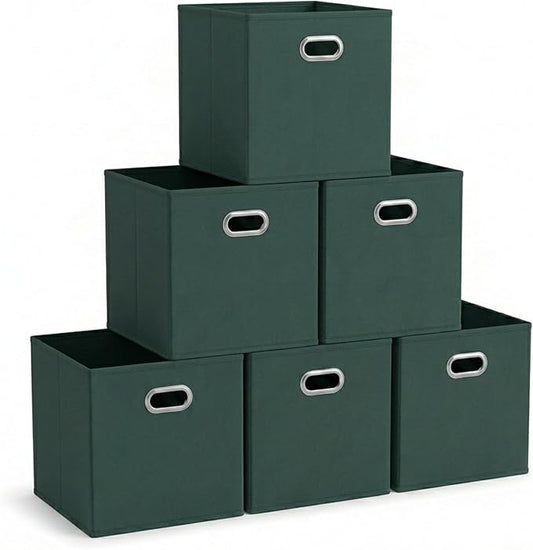 Household Essentials Foldable Fabric Storage Cubes 6-Pack – 11x11x11 Stackable Non-Woven Bins with Chipboard Sides & Grommet Handles – Closet, Shelf, Nursery, or Office Organizer – Dark Green